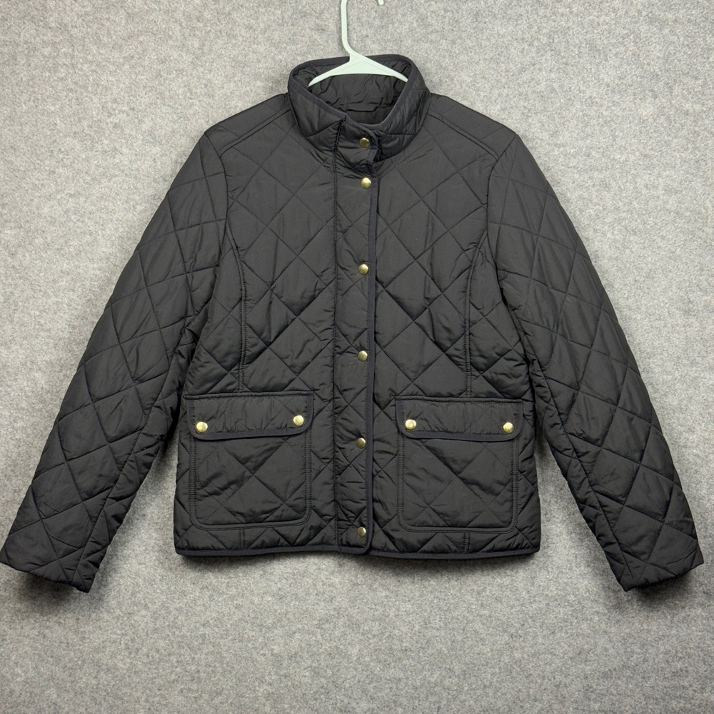 J Crew Quilted Snap‎ Front Jacket Black Women's Size L